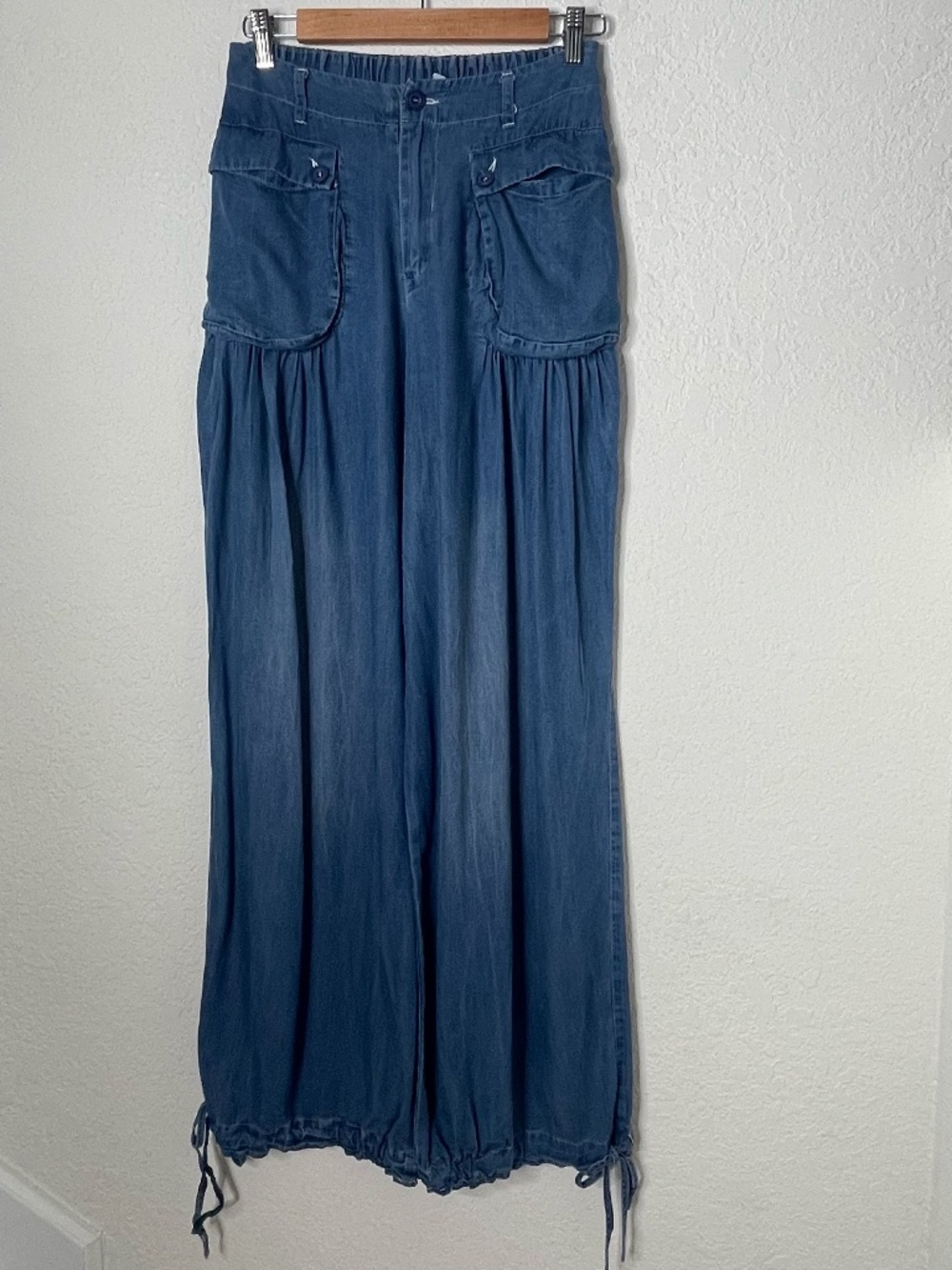 Oli & Hali Chambray Balloon Pants Size S Boho Festival Wide Leg Ankle Tie Blue